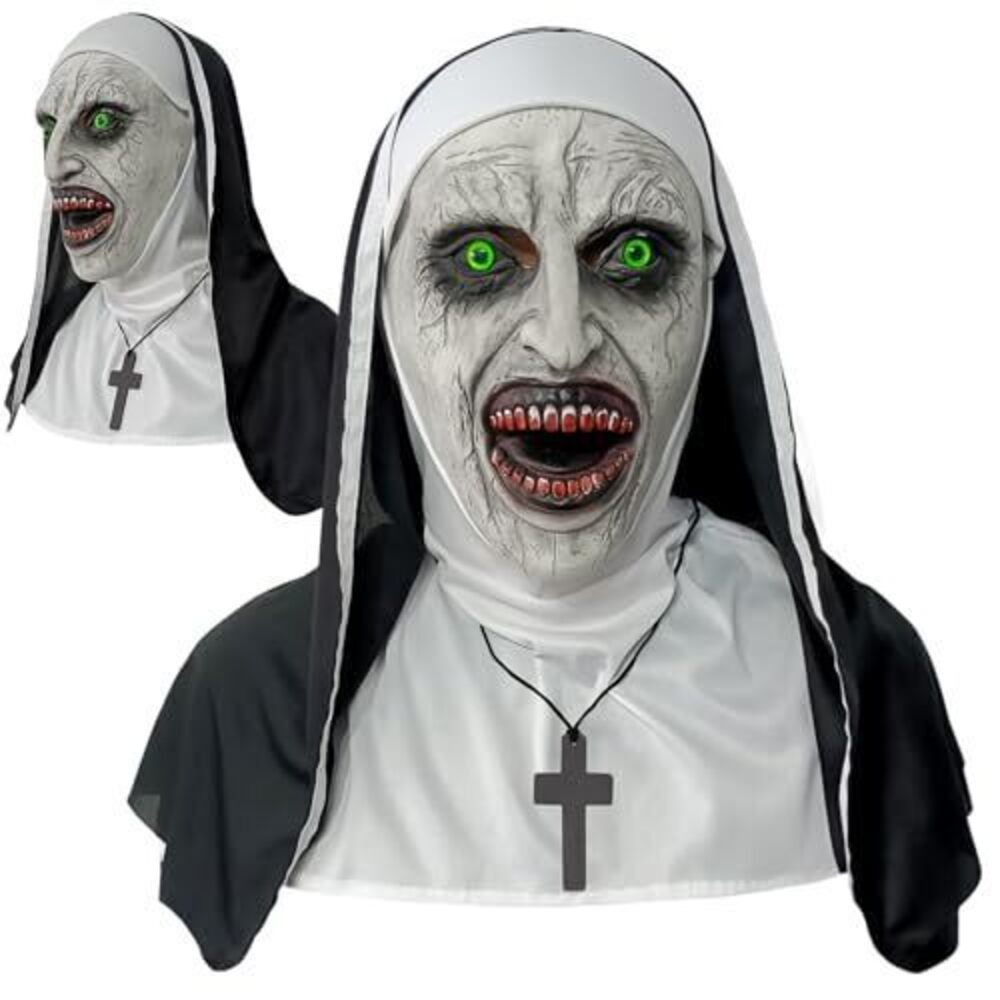 4097 Adult Full Head Realistic Evil Nun Mask with Headscarf, Nun Costume